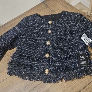 Womens Navy Tweed Fringe Button Jacket